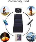 Een zwart, opvouwbaar zonnepaneel in het midden, omringd door afbeeldingen van diverse outdoor-activiteiten en apparaten.