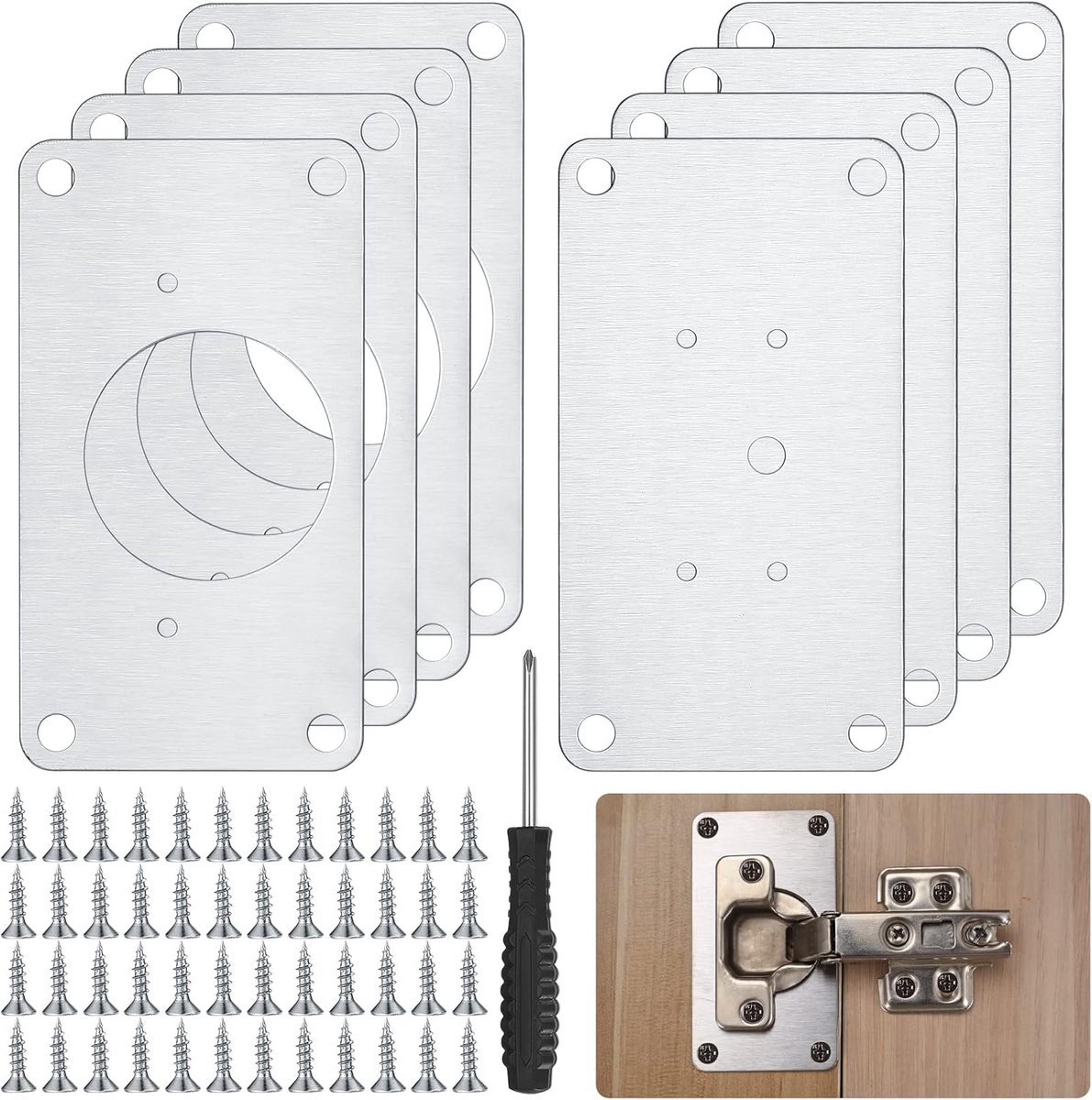 Famanu - 8 Stuks Kastscharnieren Reparatieplaten, Kastdeuren Scharnier Reparatieset Roestvrij Staal, voor Meubels, Kast, Lade, Raam