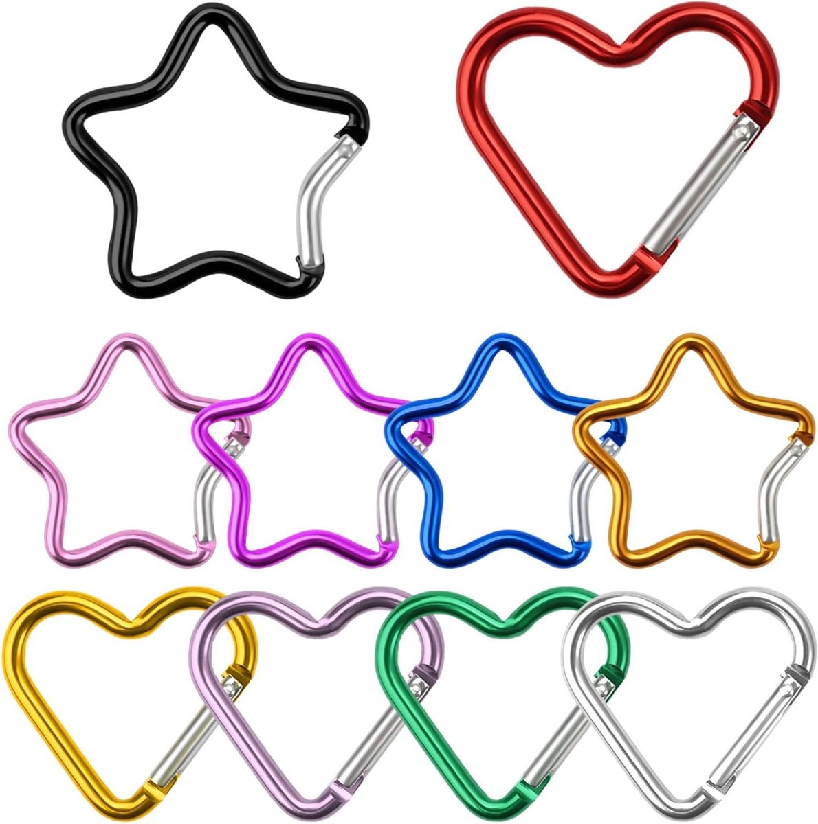 Image of 10-Pack of Robust Aluminium Carabiner Clips - Star Heart Design for Outdoor Activities