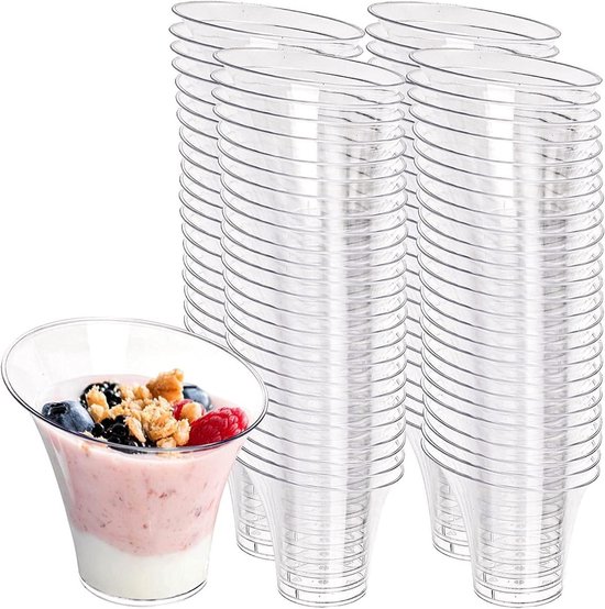 Lot De 100 Verres à Dessert En Plastique + Cuillères - 80 Ml, Transparent, Biseauté, Réutilisables