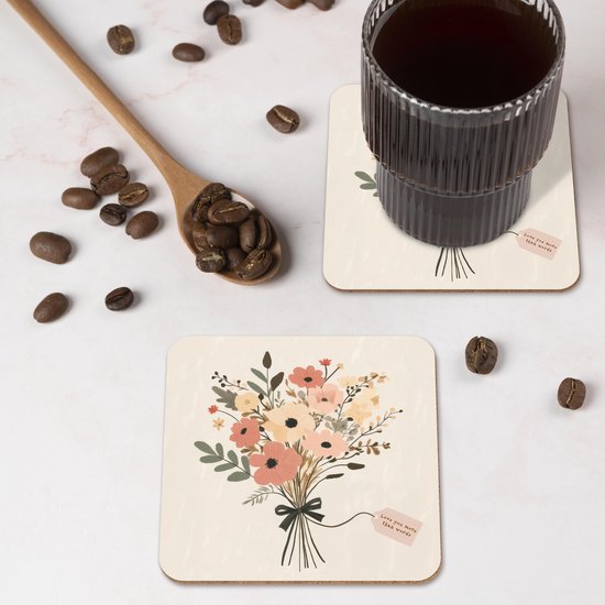Dessous de verre Fleurs - Citation - Beige - Ruban - 10x10 cm - 6 morceaux - Sous pour Verres et Tasses