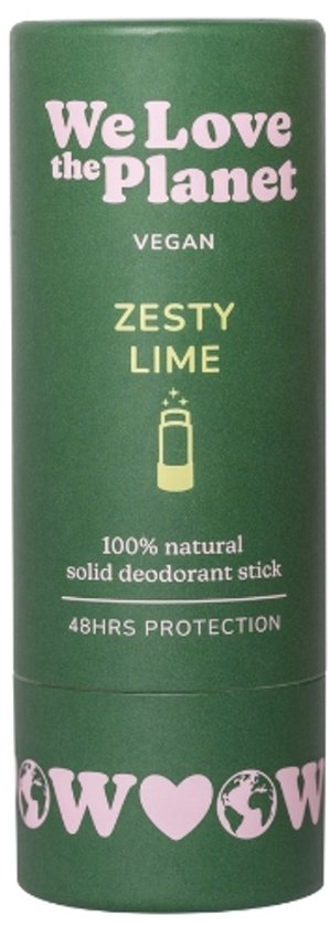 Groene stick met "We Love the Planet" logo, "VEGAN", "ZESTY LIME" en "100% natural solid deodorant stick".