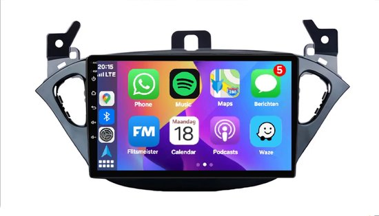 Touchscreen autoradio met smartphone apps zoals Whatsapp, Spotify, Waze en navigatie, gemonteerd in dashboard.