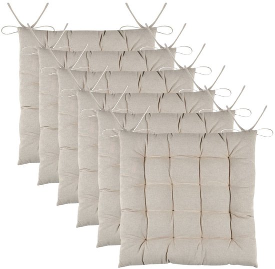 Coussins de chaise en tissu textile DUO - 6x - beige - 38 x 38 x 3,5 cm - fermeture par cordon - coussins d'assise - intérieur/extérieur
