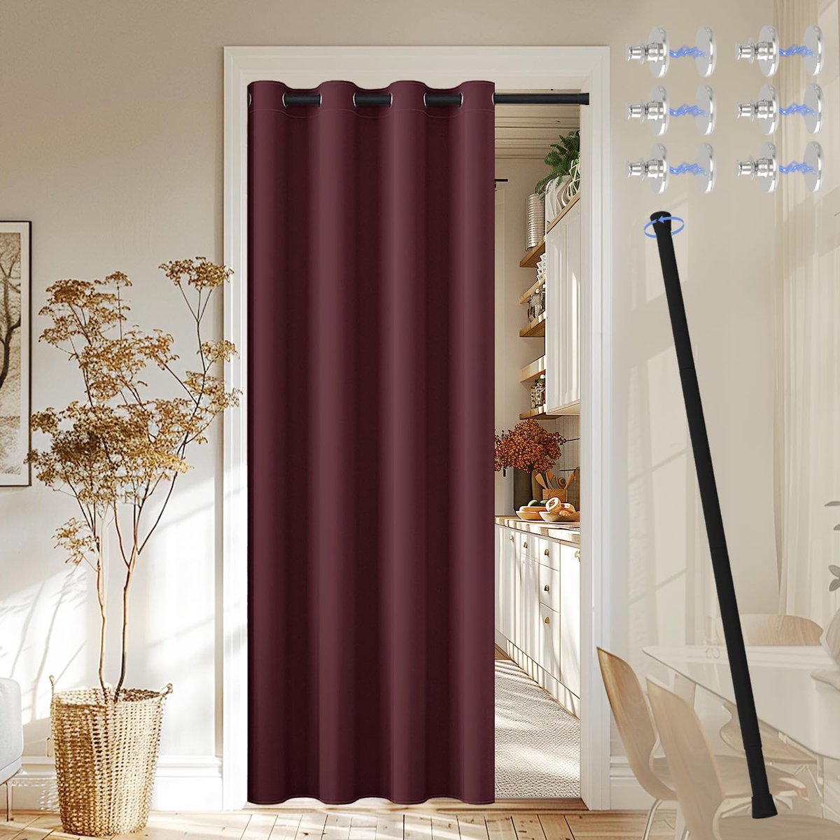 My Ninki ® Stijlvol Bordeauxrood Deurgordijn met Magneetknop en Telescoopstang voor Eenvoudige Installatie