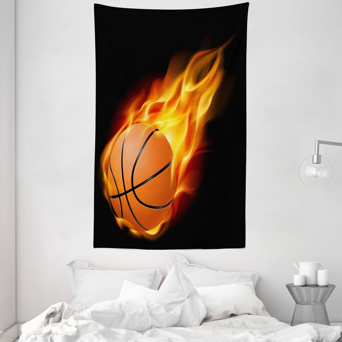 New Bed Sport Basketbal Schot Kunst Decoratieve Wandtapijt, Stoffen Wanddecoratie voor Slaapkamer Woonkamer Studentenkamer, 140cm x 230cm Oranje Zwart