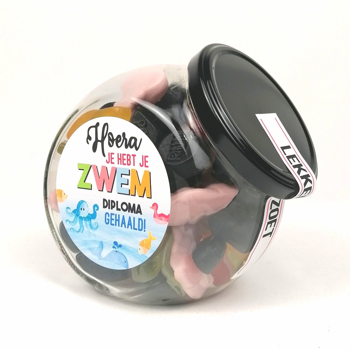 Zwemdiploma cadeau - Snoeppot "Hoera je hebt je zwemdiploma gehaald" - snoepmix - snoep - cadeau