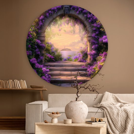 WallCircle® Cercle mural 120x120 cm - Cercle mural Porte - Violet - Fleurs - Décoration murale salon - Décoration murale chambre - Accessoires de décoration de chambre - Tableaux ronds XXL