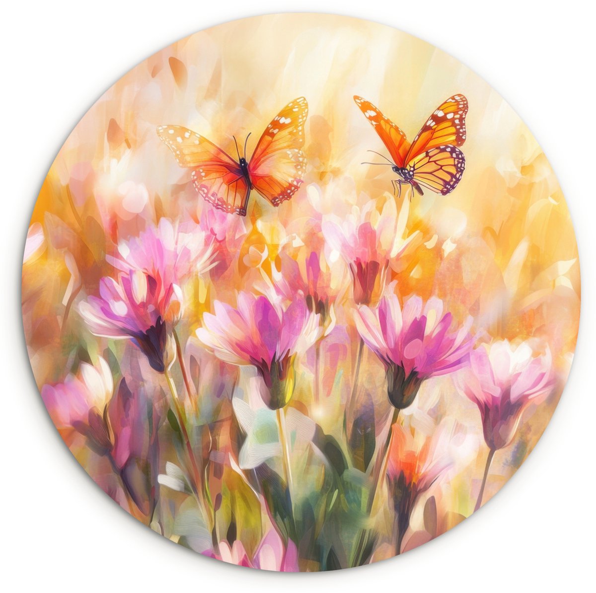 WallCircle Wandcirkel 120x120 cm - Muurcirkel Vlinders - Oranje - Bloemen - Muurdecoratie woonkamer - Wanddecoratie slaapkamer - Kamer decoratie accessoires - Ronde schilderijen Vlinders - Kleurrijk
