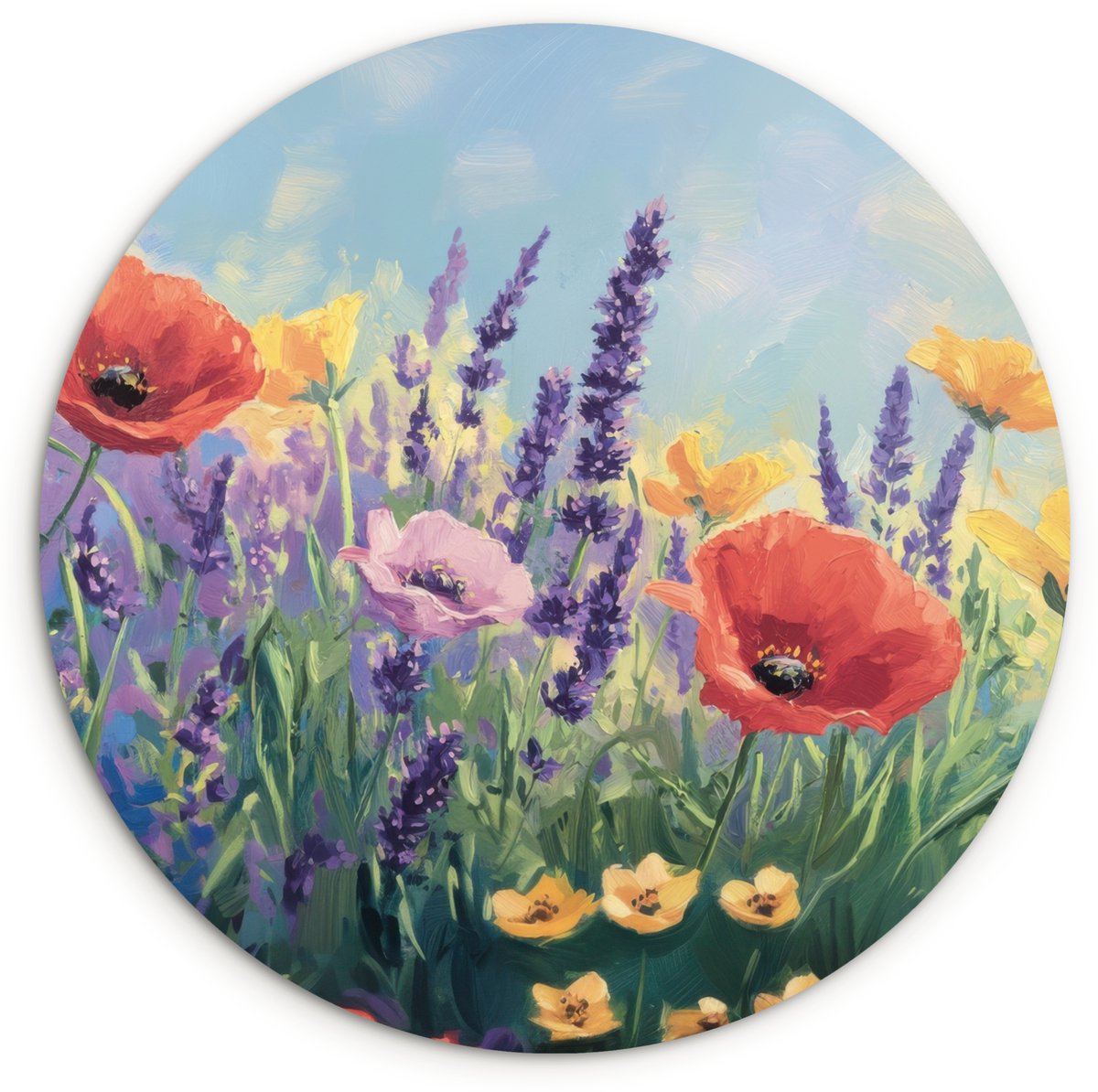 WallCircle Wandcirkel 150x150 cm - Muurcirkel Weide - Bloemen - Kleurrijk - Muurdecoratie woonkamer - Wanddecoratie slaapkamer - Kamer decoratie accessoires - Ronde schilderijen Klaprozen