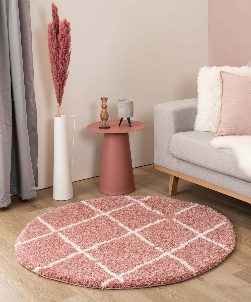 Rond hoogpolig vloerkleed ruiten Artisan - roze/wit 80 cm