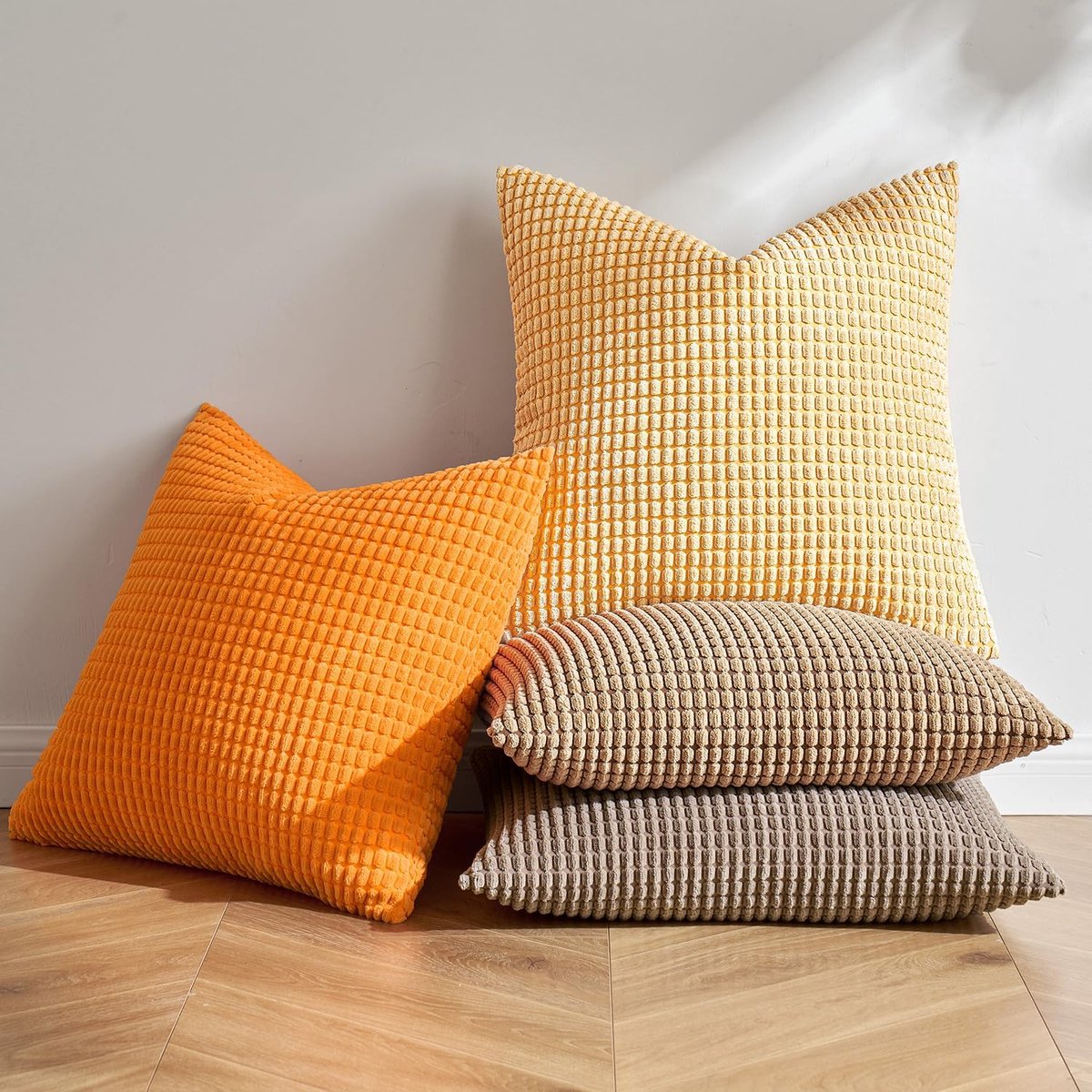 My Ninki ® Set van 4 Stijlvolle Corduroy Kussenslopen voor Woonkamer of Slaapkamer, 50 x 50 cm, Oranje