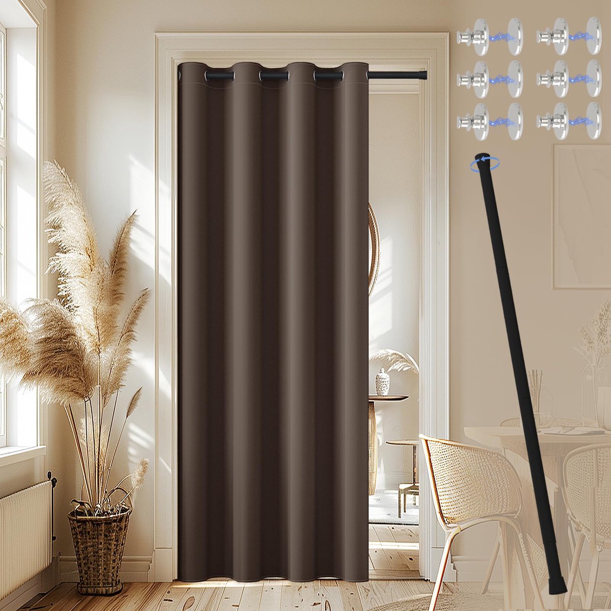 My Ninki ® Veelzijdig Deurgordijn met Telescoopstang en Magneetknop voor Diverse Toepassingen in Huis bruin