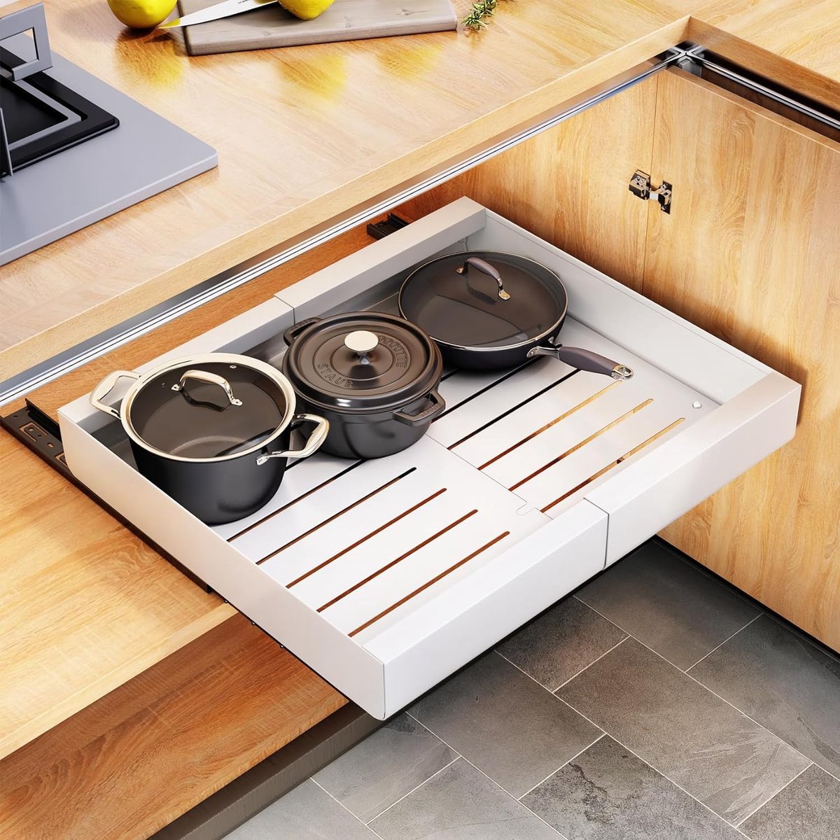 My Ninki ® Verstelbare Telescopische Lade voor Keuken en Opslag, Geen Boren Nodig, Uitbreidbaar tot 52 cm, Wit