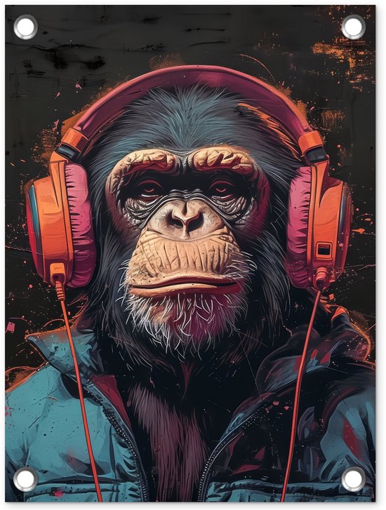 Tuinposter 30x40 cm - Tuindecoratie Graffiti - Chimpansee - Koptelefoon ...