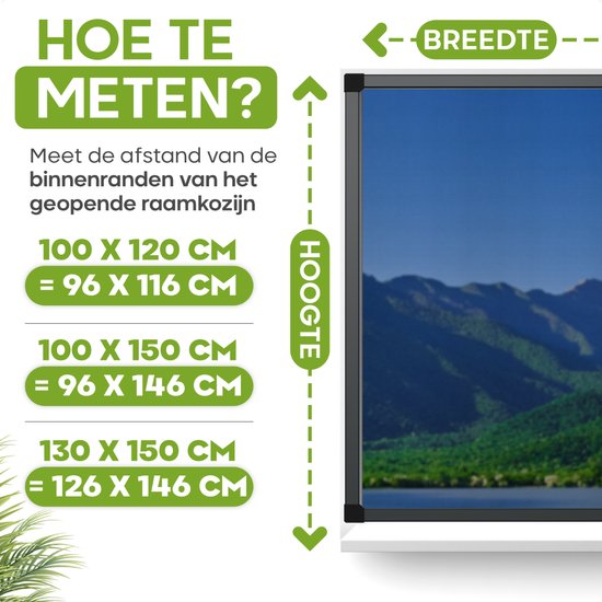 Instructies voor het meten van raamhorren: hoogte en breedte, met maten.