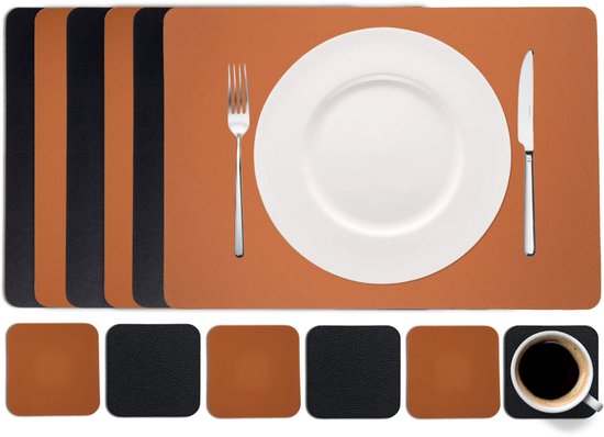 Cookinglife 6 sets de table + 6 dessous verres - Double face - cuir vegan - noir / cognac - 12 pièces