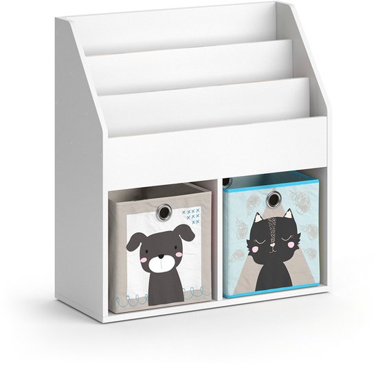 Bibliothèque enfant Conny, Blanc, 72 x 111 cm avec 4 étagères pour les boîtes pliantes, Vicco