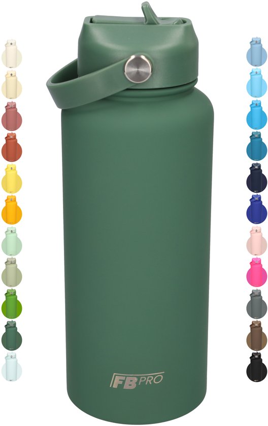Bouteille d'eau Thermos 1 litre - Bouteille d'eau isolante / Bouteille thermos avec bec verseur rotatif - Garde les boissons froides VRAIMENT FROIDES - Vert Moss - Bouteille pour Adultes avec poignée - Vert foncé - Vert