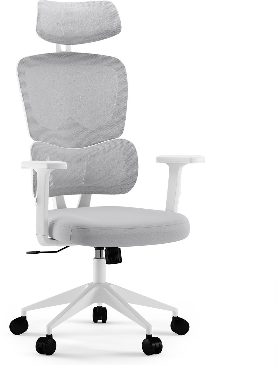 SENSE7 VENO - Ergonomische Bureaustoel - Verstelbare Rugleuning - Armleuningen en Hoofdsteun - Comfortabel en Duurzaam Bureau Stoel - tot 185 cm en 120 kg - Bureaustoelen voor Volwassenen - Wit en Grijs