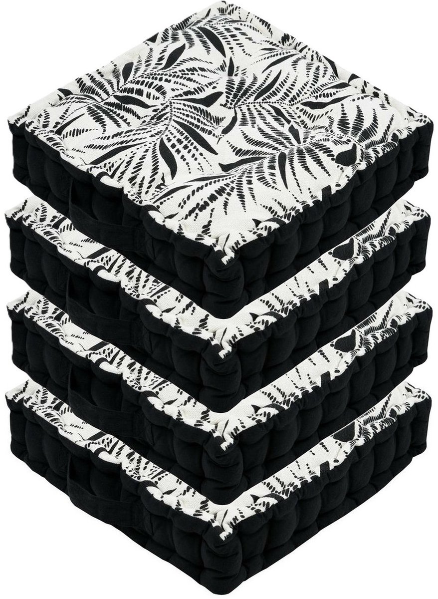 Stof Textile Vloerkussen Leaves - 4x - zwart/wit - katoen - 45 x 45 x 10 cm - vierkant - Extra dik - extra zitplaatsen - spelen - gamen - relaxen
