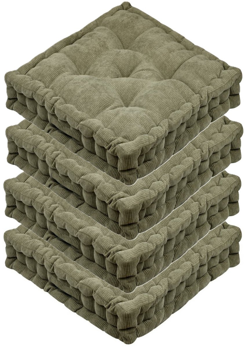 Stof Textile Vloerkussen Ribcord - 4x - olijfgroen - polyester - 45 x 45 x 10 cm - vierkant - Extra dik - extra zitplaatsen - spelen - gamen - relaxen