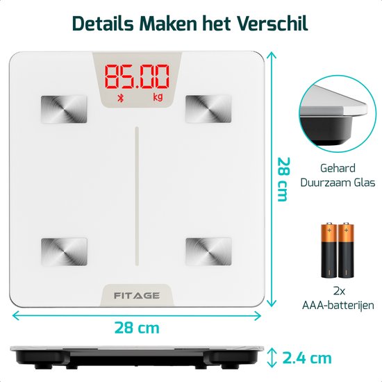 Witte digitale weegschaal van 28x28 cm met 4 metalen elektroden. Toont 85.00 kg. Inclusief 2 AAA-batterijen.