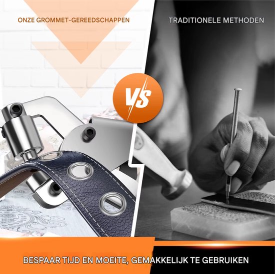 Vergelijking: Grommettang met donkerblauwe riem met ringen naast traditionele methode.