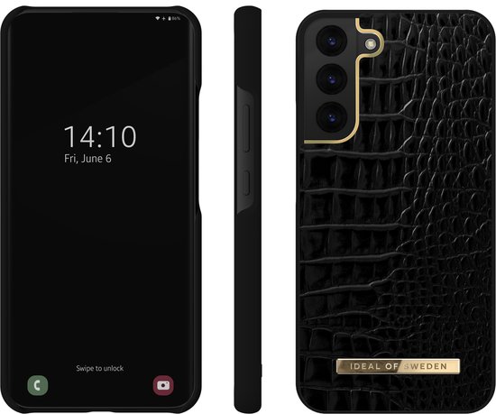 Ensemble de trois coques en similicuir croco noir, avec des accents dorés, pour un Samsung S22+.