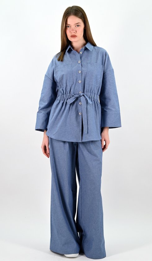 YesMooi - Chemisier Look Denim avec ceinture à nouer - L (40) - 100 % Katoen