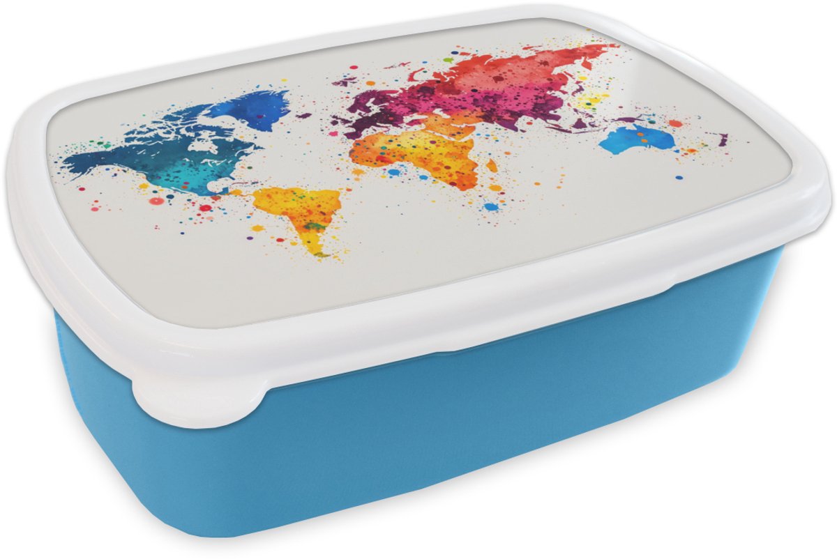 Broodtrommel Blauw - Lunchbox Wereldkaart - Graffiti - Kleurrijk - Brooddoos 18x12x6 cm - Brood lunch box - Broodtrommels voor kinderen en volwassenen