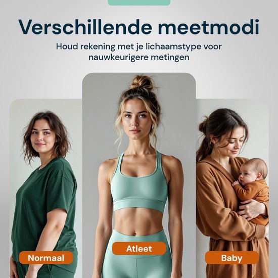 Trois femmes (normale, athlète, bébé) illustrent les différents modes de mesure de la balance.