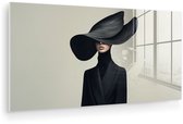 MuchoWow® Glasschilderij 120x60 cm - Schilderij acrylglas - Zwart - Vrouw - Hoed - Foto op glas - Muurdecoratie woonkamer - Wanddecoratie slaapkamer - Schilderijen