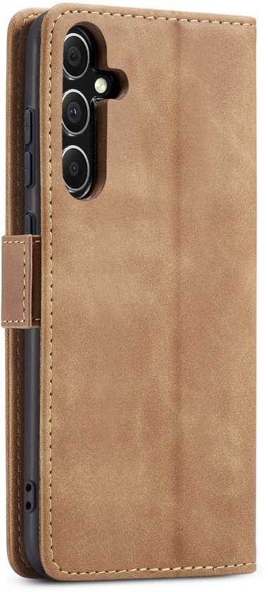 Bruin portemonnee hoesje met magneetsluiting en camera-uitsparing.