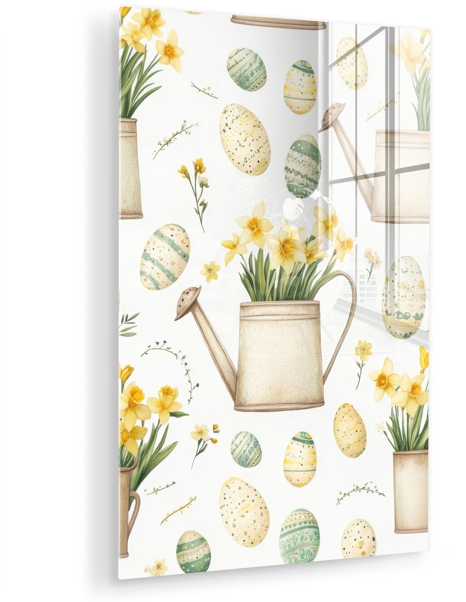 MuchoWow® Glasschilderij 80x120 cm - Schilderij acrylglas - Gieter - Bloemen - Eieren - Fo