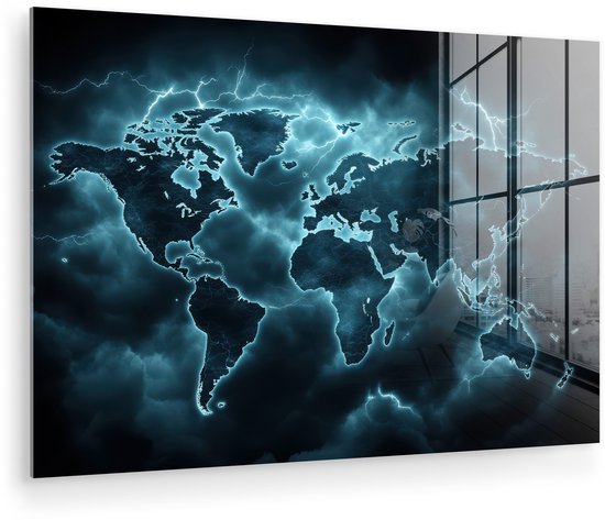 MuchoWow® Glasschilderij 120x80 cm - Schilderij acrylglas - Wereldkaart - Bliksem - Blauw - Foto op glas - Muurdecoratie woonkamer - Wanddecoratie slaapkamer - Schilderijen