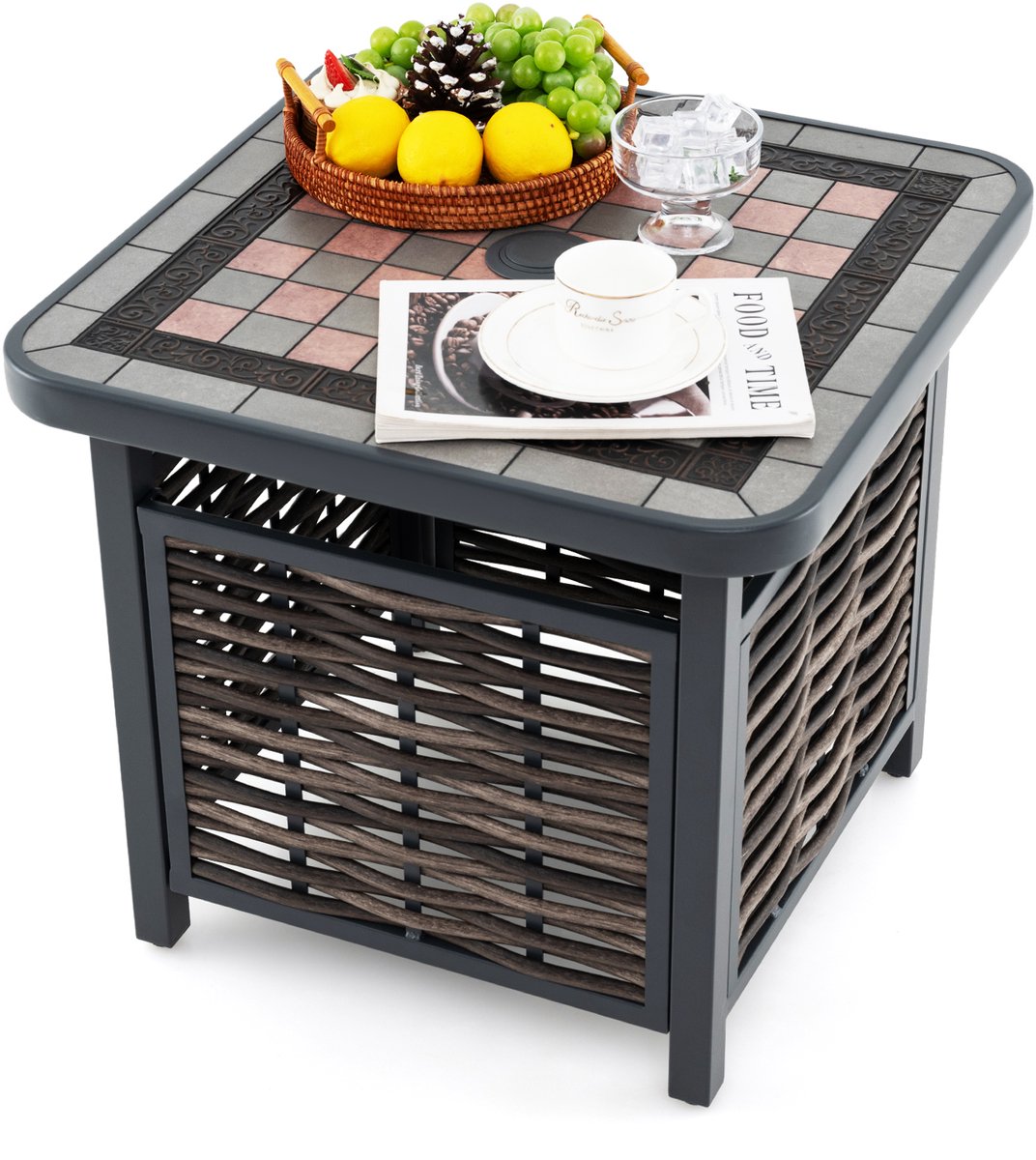 COSTWAY Bijzettafel van polyrotan, tuintafel met hars-tafelblad en parasolgat, balkontafel, weerbestendig, voor terras, balkon, tuin, 55 x 55 x 50 cm