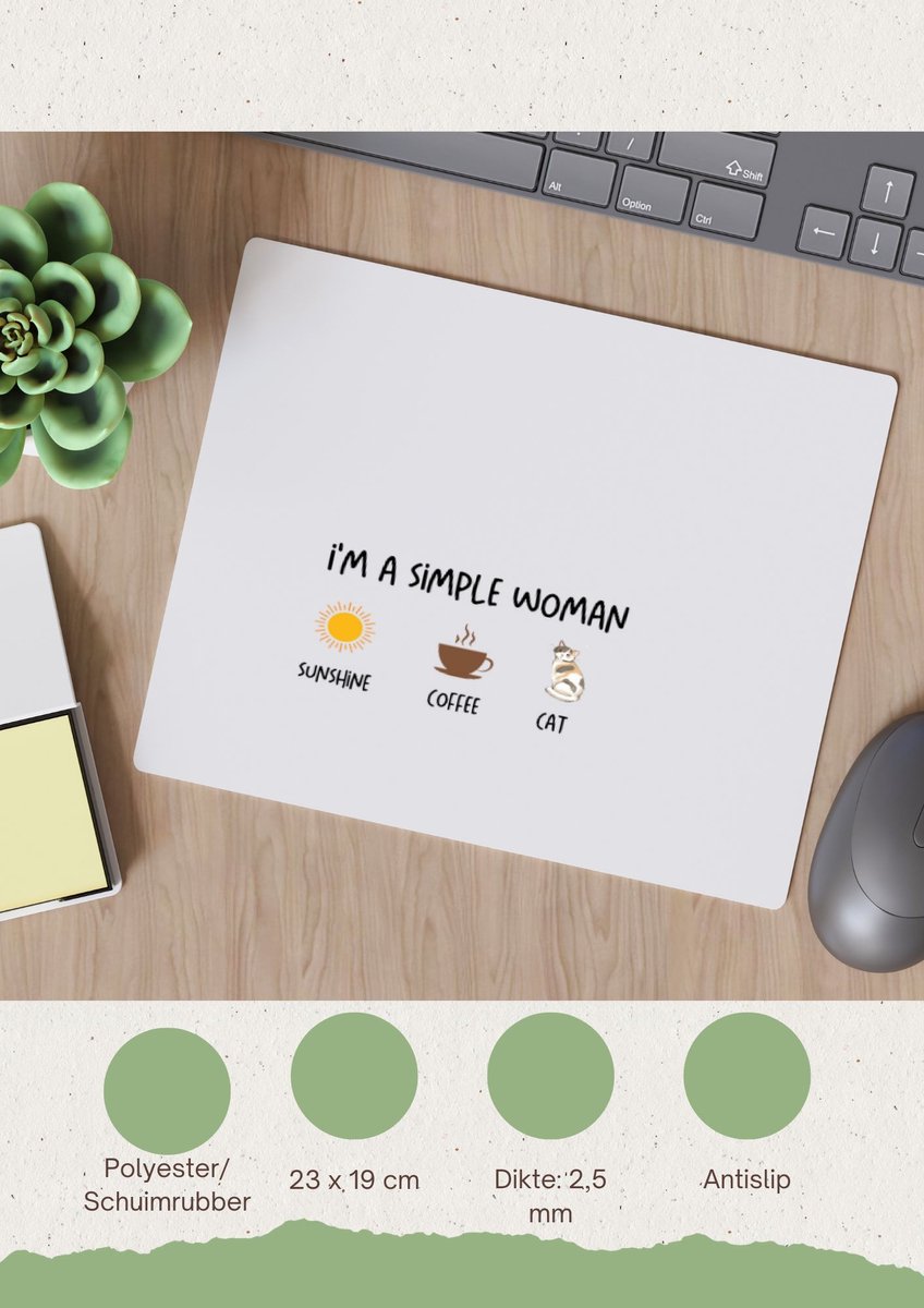 Image of Akyol - i'm a simple woman sunshine, coffee, cat Muismat - Quotes - vrouwen die simpel zijn - vrouwen - quotes - verjaardagscadeau - verjaardag - cadeau - kado - geschenk - gift - 23 bij 19 cm