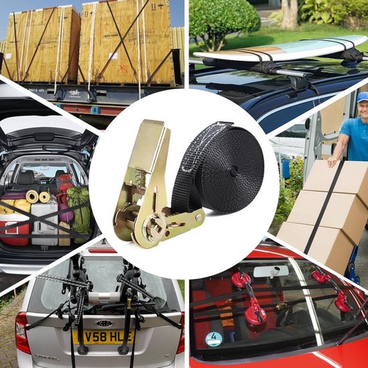 Ratelriemenset, 6 stuks, 2M/4M/5M, Bandbreedte 25 mm, belastbaar tot 1000 kg, spanbanden met ratel voor bevestiging motorfiets, fiets, bagage en camping, spanbanden, zwart