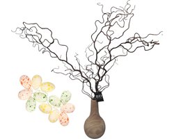Bellatio Design Kronkelhazelaar kunst paastak - incl paaseieren spetters - 87 cm - paasdecoratie kunsttakken