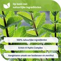Close-up van groene muntplant bladeren. Tekst: Op basis van natuurlijke ingrediënten. 100% natuurlijke ingrediënten. Ectoin® Hydro Complex. Aangename smaak van bosbessen en menthol.