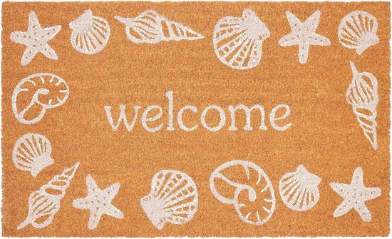 Tapis de porte marron de 45 x 75 cm avec "welcome" au centre, entouré de coquillages et d'étoiles de mer blancs.
