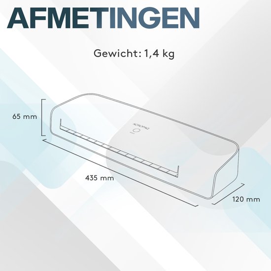 Afmetingen van de ACROPAQ lamineerapparaat: 435 mm breed, 120 mm diep, 65 mm hoog. Gewicht: 1,4 kg.