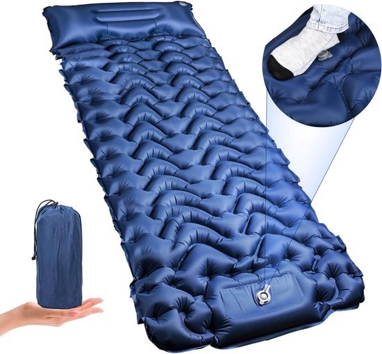 KingCamp Campingmat, ultralichte opblaasbare mat met ingebouwde voetpomp, duurzame, compacte opblaasbare slaapmat met kussen, opblaasbare campingmatras voor backpacken, wandelen, kamperen