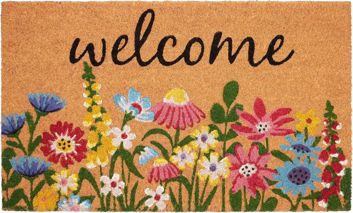 BRUBAKER Deurmat voor buiten en binnen, Welcome bloemenweide, 45 x 75 cm, bloemen, vuilvangmat van kokos, antislip voetveger, weerbestendig en antislip, deurmat, bruin, kleurrijk