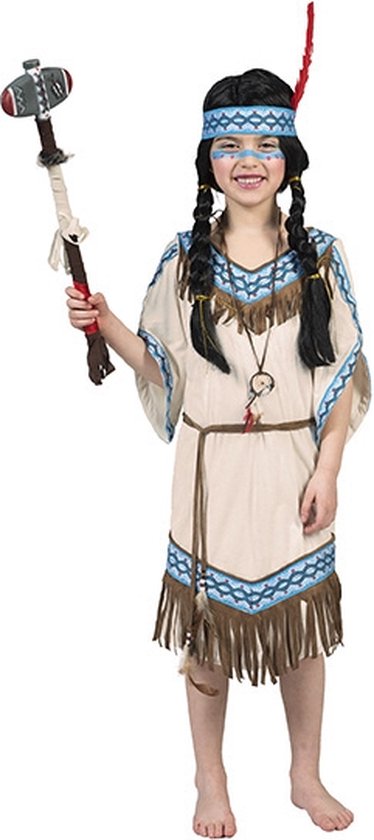 Funny Fashion - Indiaan Kostuum - Daverende Donderwolk Indiaan - Meisje - Bruin, Wit / Beige - Maat 152 - Carnavalskleding - Verkleedkleding