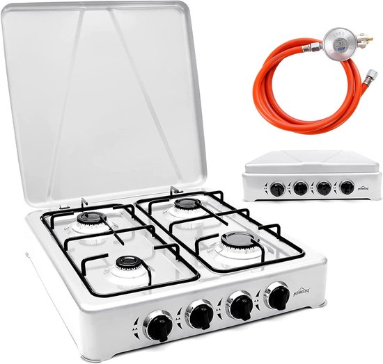 IBBO® - Homelux - Gas kooktoestel 4 pits - Campingkooktoestel - Gaskookplaat - incl. 1.5 m Gasslang en drukregelaar - drukregelaar 50 mbar - Wit
