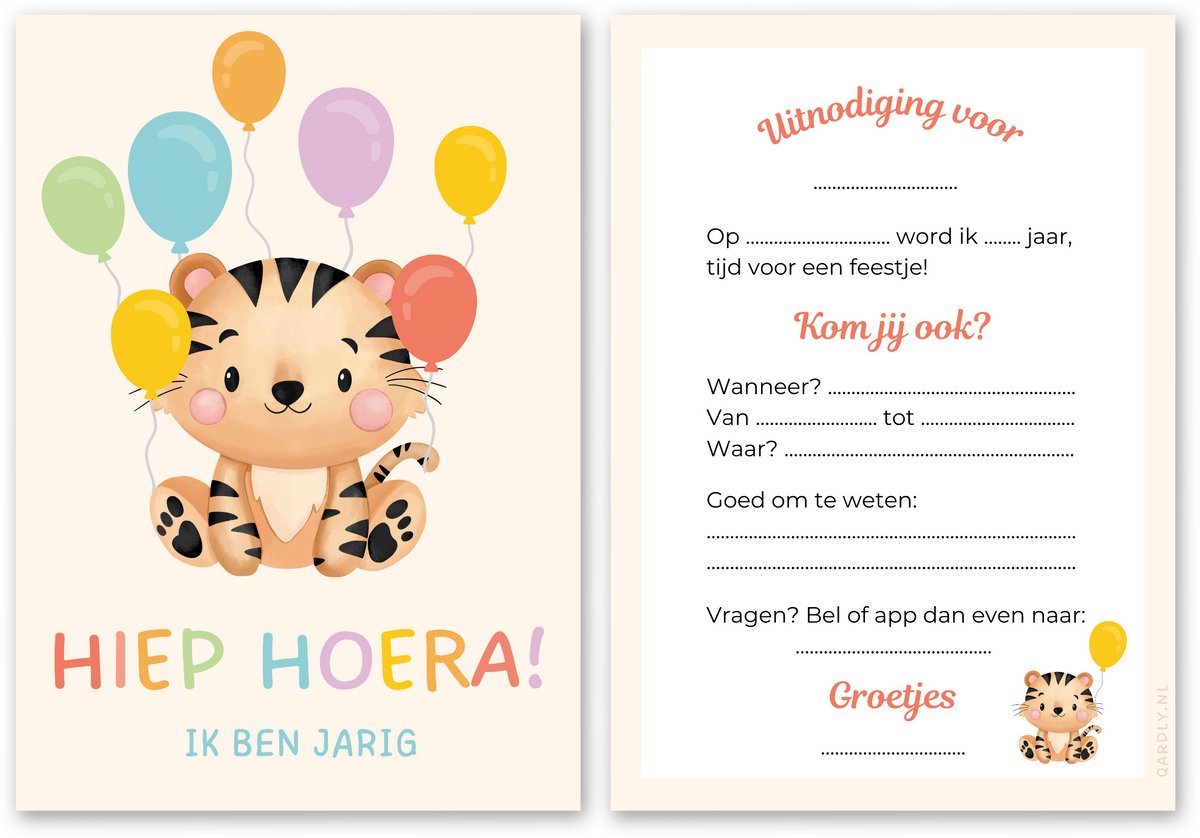 Uitnodiging kinderfeestje tijger - 10 stuks - Uitnodiging verjaardag - Inclusief enveloppen - Uitnodiging tijgerfeestje - Dierenfeestje