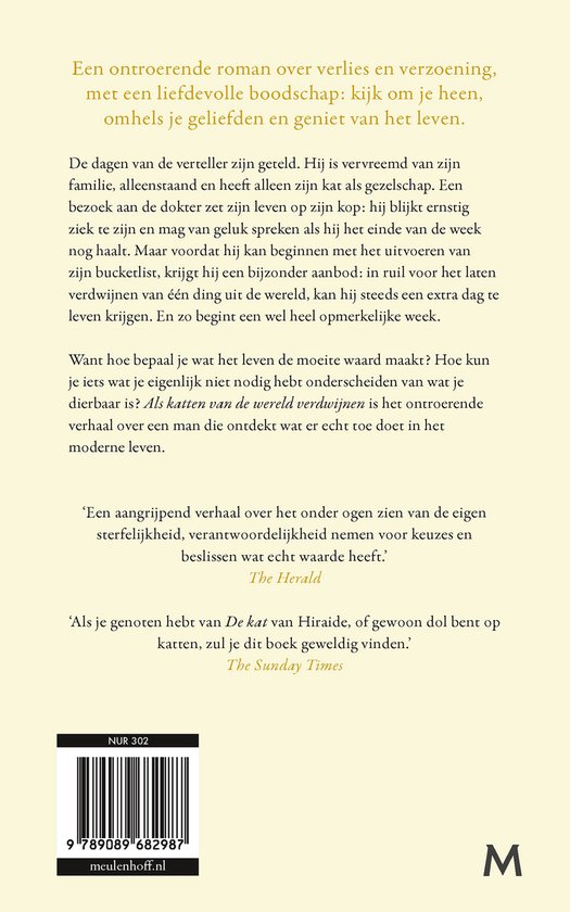 Boek kaft met tekst 'Als katten van de wereld verdwijnen' door Genki Kawamura, met een afbeelding van een zwarte kat.