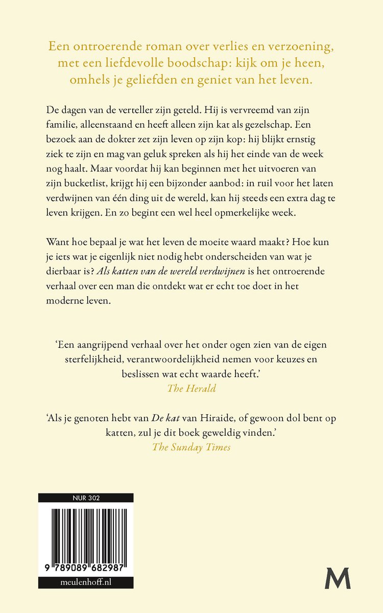 Boek kaft met tekst 'Als katten van de wereld verdwijnen' door Genki Kawamura, met een afbeelding van een zwarte kat.